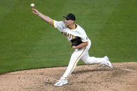 Pittsburgh Pirates starting pitcher Mitch Keller delivers during the ninth inning of a baseball game against the Los Angeles Angels in Pittsburgh, Monday, May 6, 2024. Keller pitched a complete game win over the Angels. (AP Photo/Gene J. Puskar)