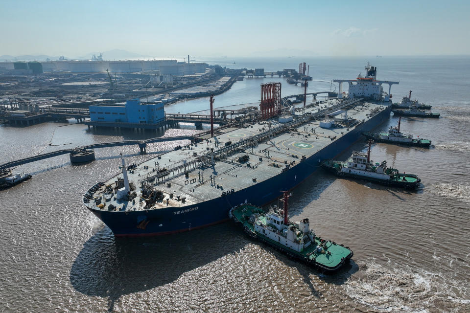 Oil File Photo: January 4, 2023, aerial photo showing a crude oil tanker at an oil terminal off Diao Island, outside Zhoushan, Zhejiang Province, China.From China Daily, Reuters/File Photo