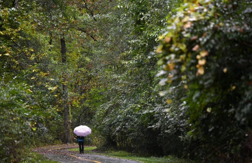 A woman walks along the arboretum trail in the rain on Monday, Oct. 7, 2019.