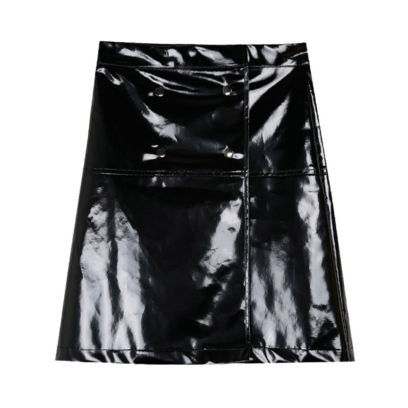 <a rel="nofollow noopener" href="https://thefrankieshop.com/collections/new-arrivals/products/black-patent-mini-skirt" target="_blank" data-ylk="slk:Patent Snap Front Mini Skirt, The Frankie Shop, $122;elm:context_link;itc:0;sec:content-canvas" class="link ">Patent Snap Front Mini Skirt, The Frankie Shop, $122</a>