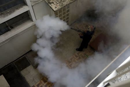 A municipal worker fumigates inside a building to help control the spread of the mosquito-borne Zika virus in Caracas, February 2, 2016. REUTERS/Marco Bello