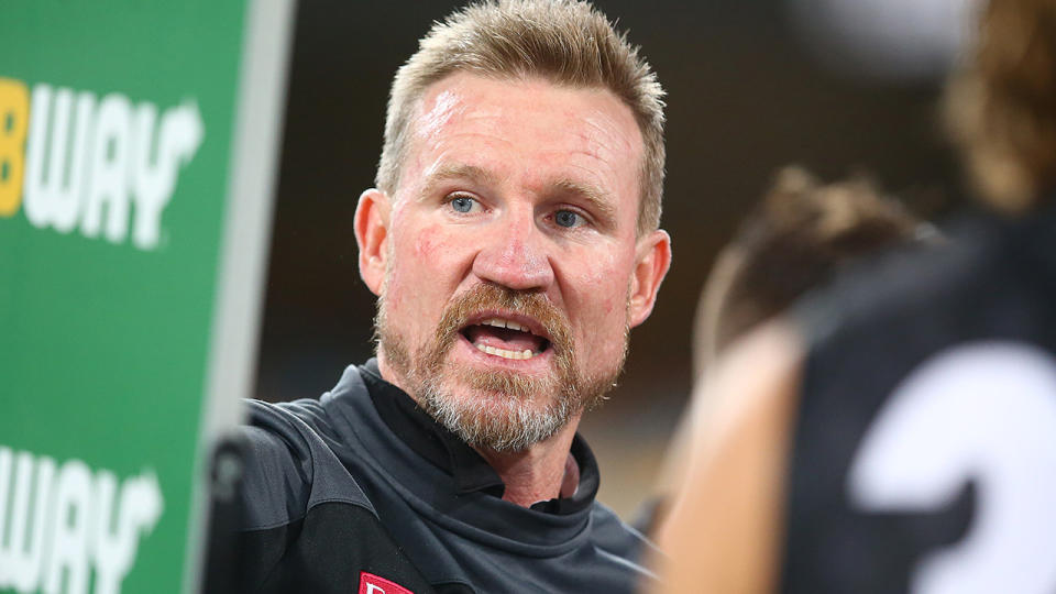 Nathan Buckley celebrated his 200th game as an AFL coach with a win, as the Magpies toppled Carlton. (Photo by Jono Searle/AFL Photos/via Getty Images)