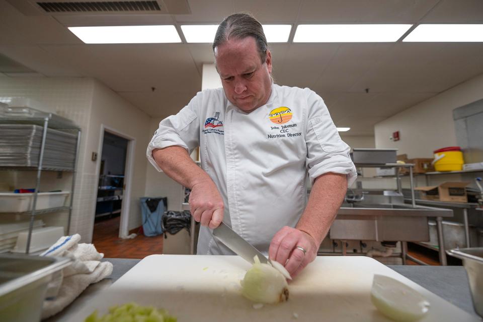 Certified Executive Chef John Jakeman prepares ingredients for his Pueblo chile infused Thanksgiving stuffing on Tuesday, November 14, 2023.