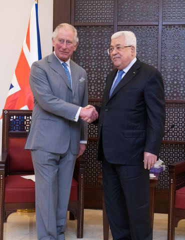 <p>Julian Simmonds-Pool/Getty Images</p> King Charles meets President Mahmoud Abbas at his official residence on January 24, 2020 in Bethlehem, Israel.