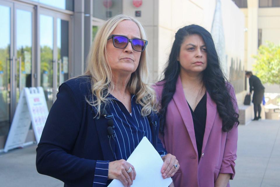 Attorney Tori Verber Salazar and Stockton Unified Board Trustee AngelAnn Flores hold a press conference after Flores' arraignment at San Joaquin County Superior Court on Monday, May 6, 2024.