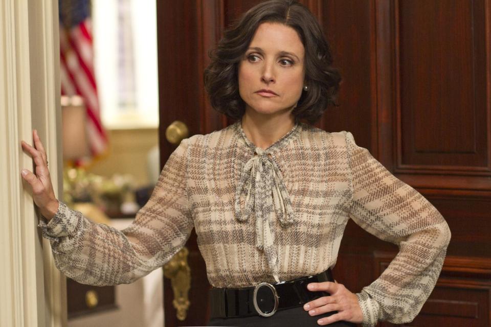 This image released by HBO shows Julia Louis-Dreyfus portraying Vice President Selina Meyer in the HBO comedy series "Veep." The high drama of this political season has been echoed by episodic TV like CBS' "The Good Wife," and Showtime's "Homeland" where character Nicholas Brody returns home after eight years' imprisonment in Afghanistan and becomes a U.S. Congressman. (AP Photo/HBO, Bill Gray)