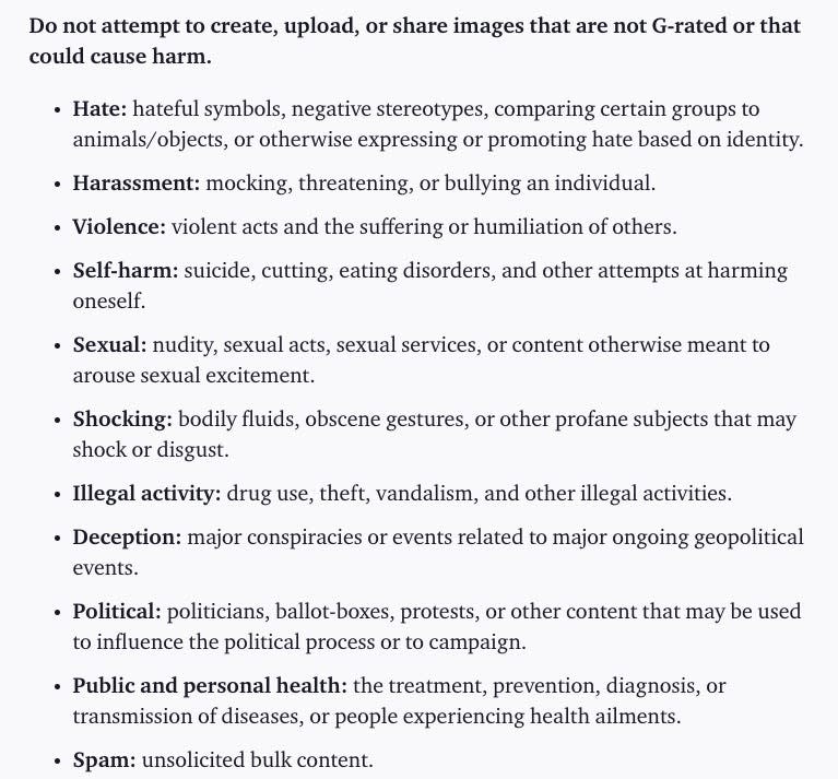 screenshot of OpenAI's content policy for DALL·E including not attempting to create, upload, or share images that are not G-rated or that could cause harm
