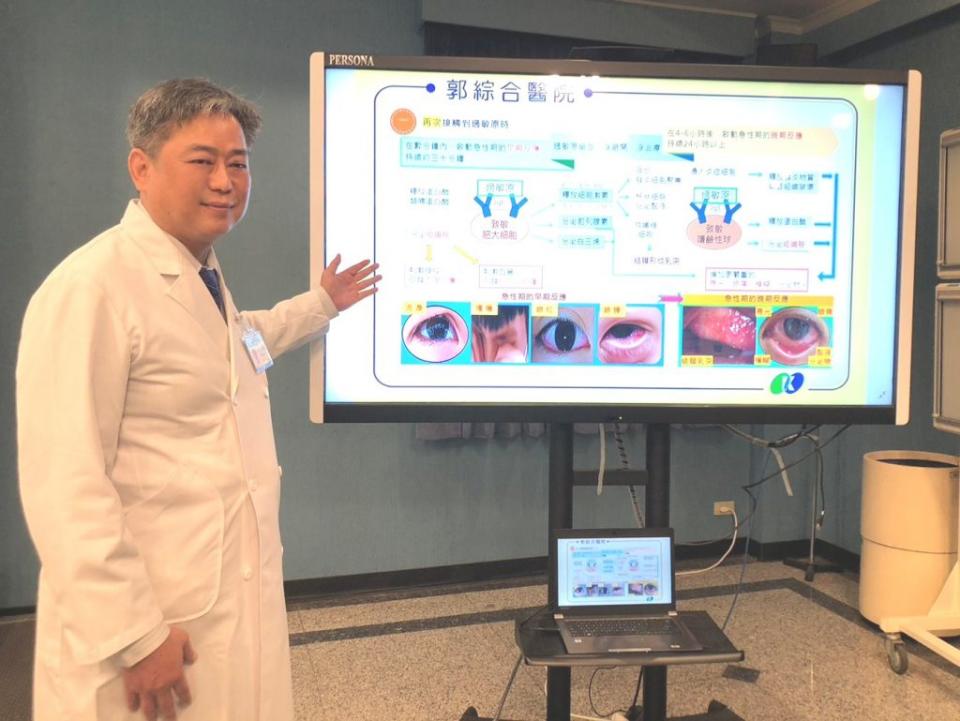 郭綜合醫院眼科主任洪大展指出，過敏性結膜炎早期症狀包括紅、腫、癢、流淚、分泌物增多等，晚期症狀則可能有刺痛、異物感、畏光、視力模糊等。（讀者提供）