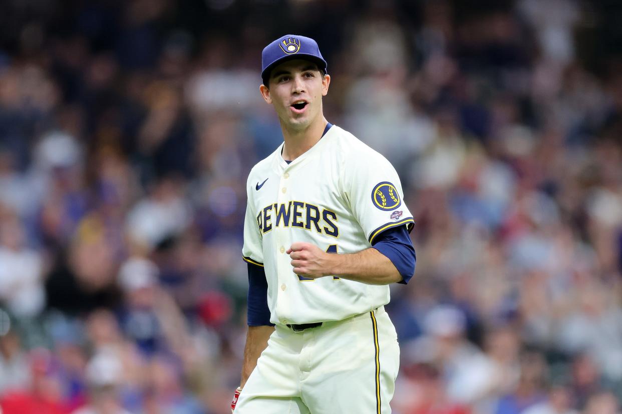 Brewers starting pitcher Robert Gasser, making his major league debut, reacts after a double play ended the top half of second inning against the Cardinals on Friday night at American Family Field.