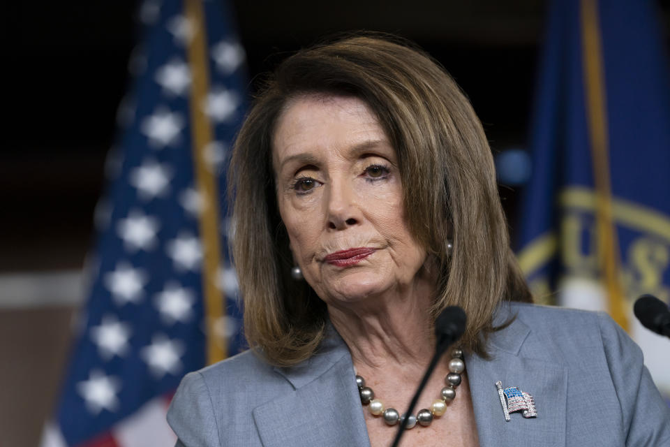 FILE - In this May 9, 2019, Speaker of the House Nancy Pelosi, D-Calif., meets with reporters the day after the House Judiciary Committee voted to hold Attorney General William Barr in contempt of Congress, on Capitol Hill in Washington. Special counsel Robert Mueller said Wednesday, May 29, 2019, he believed he was constitutionally barred from charging President Donald Trump with a crime but pointedly emphasized that his Russia report did not exonerate the president. Nadler, in a statement, said it falls to Congress to respond to the "crimes, lies and other wrongdoing of President Trump – and we will do so." (AP Photo/J. Scott Applewhite, file)