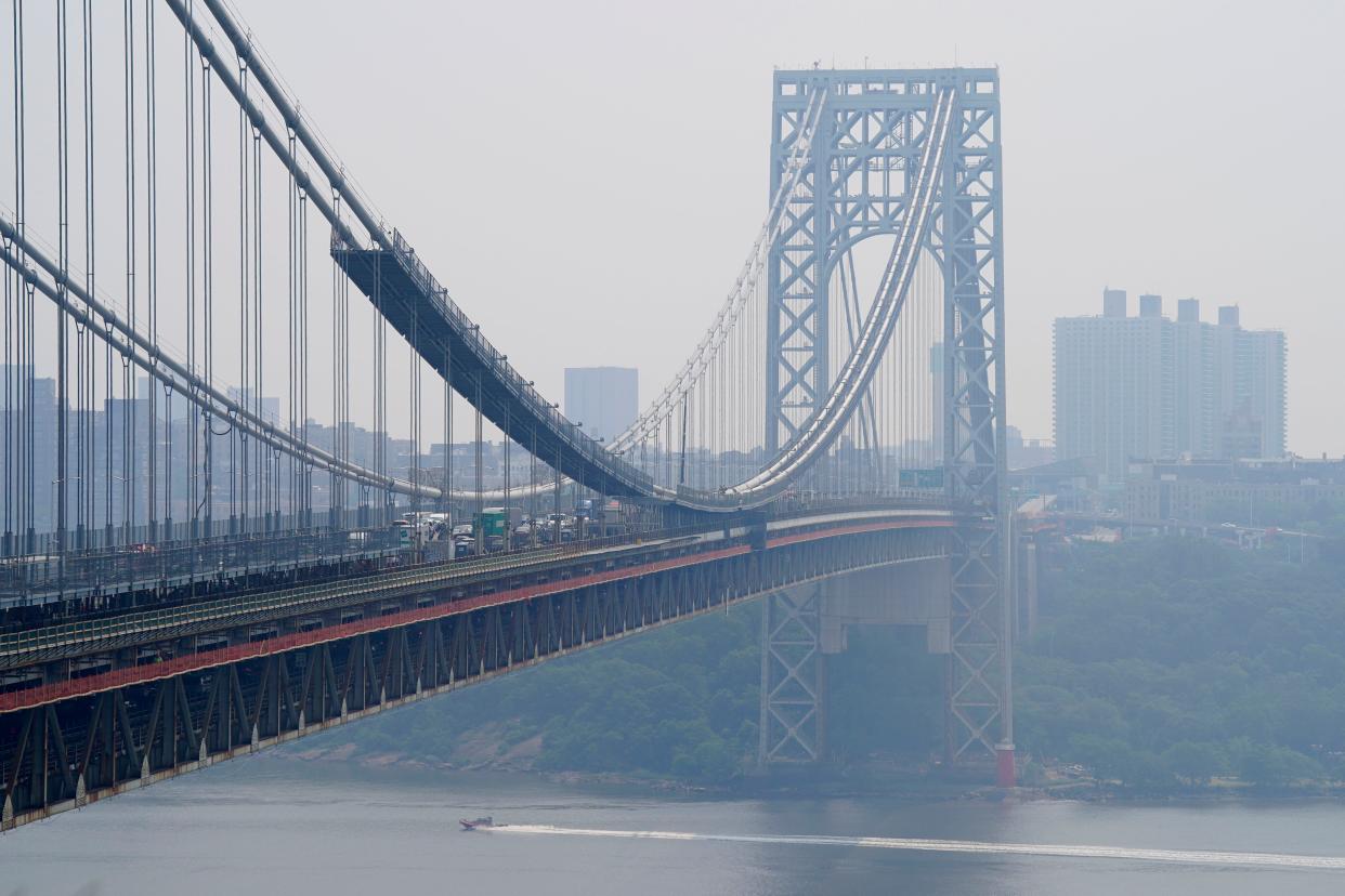 Fort Lee, N.J.: The George Washington Bridge is shrouded in haze from the Canadian wildfires as seen from Fort Lee on Thursday, June 8, 2023.