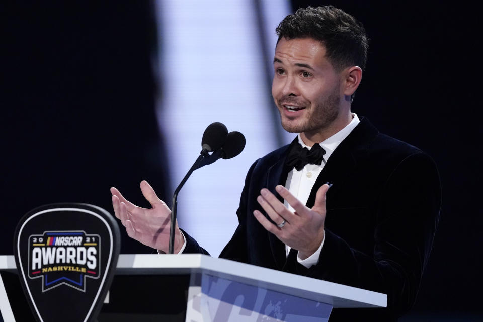 NASCAR Cup Series champion Kyle Larson speaks during the NASCAR Awards, Thursday, Dec. 2, 2021, in Nashville, Tenn. (AP Photo/Mark Humphrey)