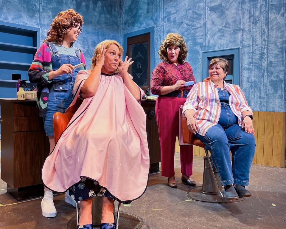 Leah Tipton, left, Sharon Weissman, Stephanie Yoder and Stacey Nickel rehearse a scene for Elkhart Civic Theatre’s production of the comedy-drama "Steel Magnolias" that opens May 12 and continues through May 21, 20233, at the Bristol Opera House.