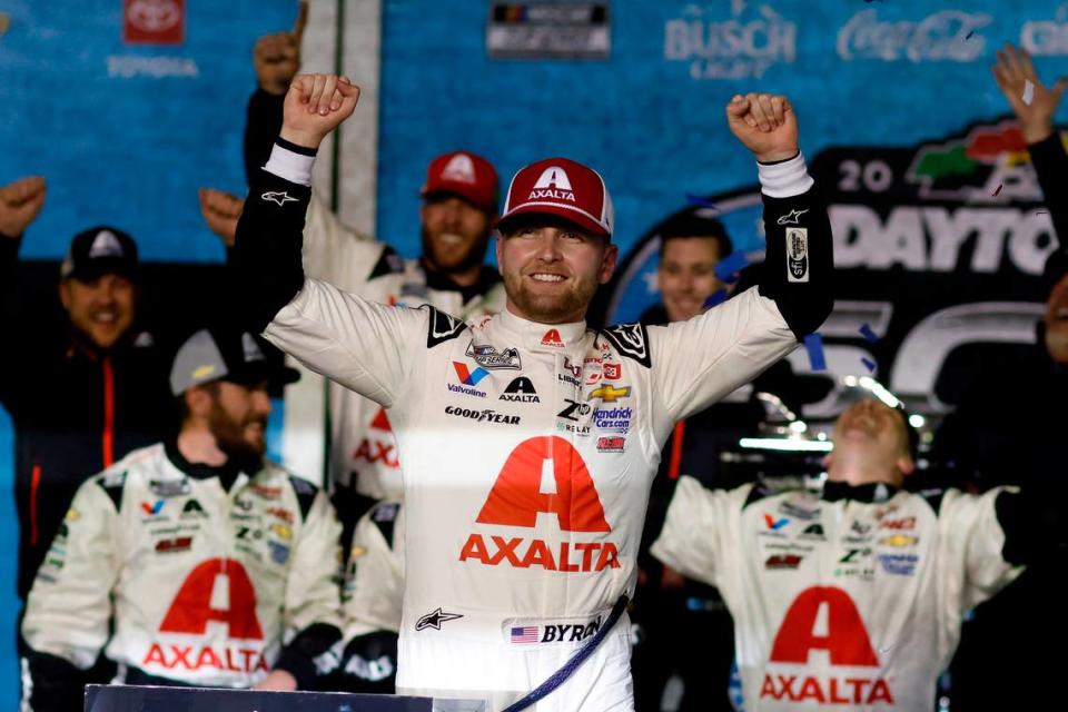 Feb 19, 2024; Daytona Beach, Florida, USA; NASCAR Cup Series driver William Byron (24) reacts in victory lane after winning the Daytona 500 at Daytona International Speedway. Peter Casey/USA TODAY Sports