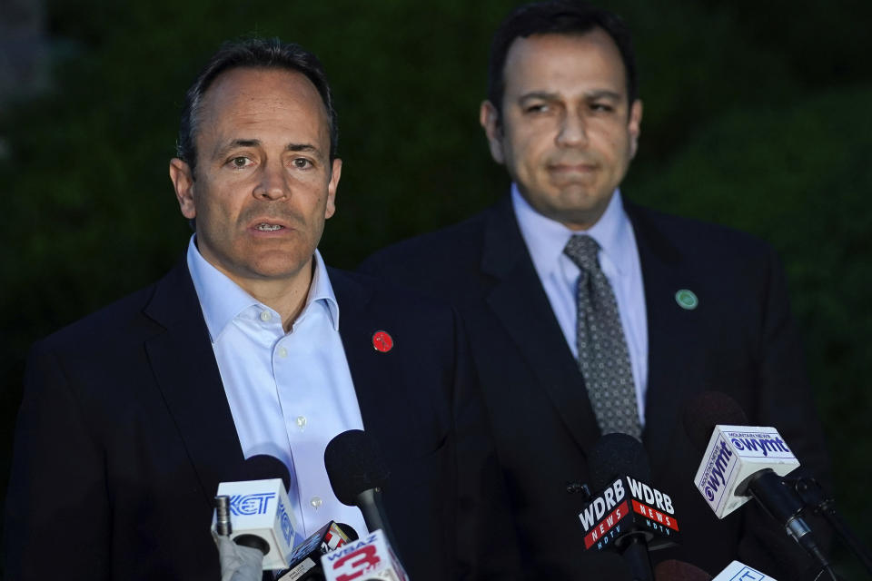 Kentucky Gov. Matt Bevin, left, and Kentucky Sen. Ralph Alvarado, the Republican nominee for lieutenant governor, speak to the media after winning the Republican gubernatorial primary, in Frankfort, Ky., Tuesday, May 21, 2019. (AP Photo/Bryan Woolston)