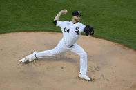 Chicago White Sox starter Dylan Cease delivers a pitch during the first inning of the team's baseball game against the Minnesota Twins on Tuesday, May 11, 2021, in Chicago. (AP Photo/Paul Beaty)