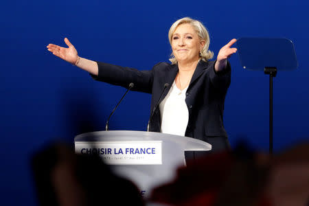 Marine Le Pen, French National Front (FN) candidate for 2017 presidential election, attends a campaign rally in Villepinte, near Paris, France, May 1, 2017. REUTERS/Charles Platiau