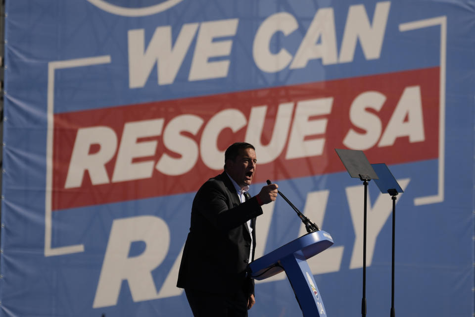 Main opposition Democratic Alliance (DA) party leader, John Steenhuisen, delivers his speech at a final election rally in Benoni, South Africa, Sunday, May 26, 2024. South Africans will vote in the 2024 general elections on May 29. (AP Photo/Themba Hadebe)