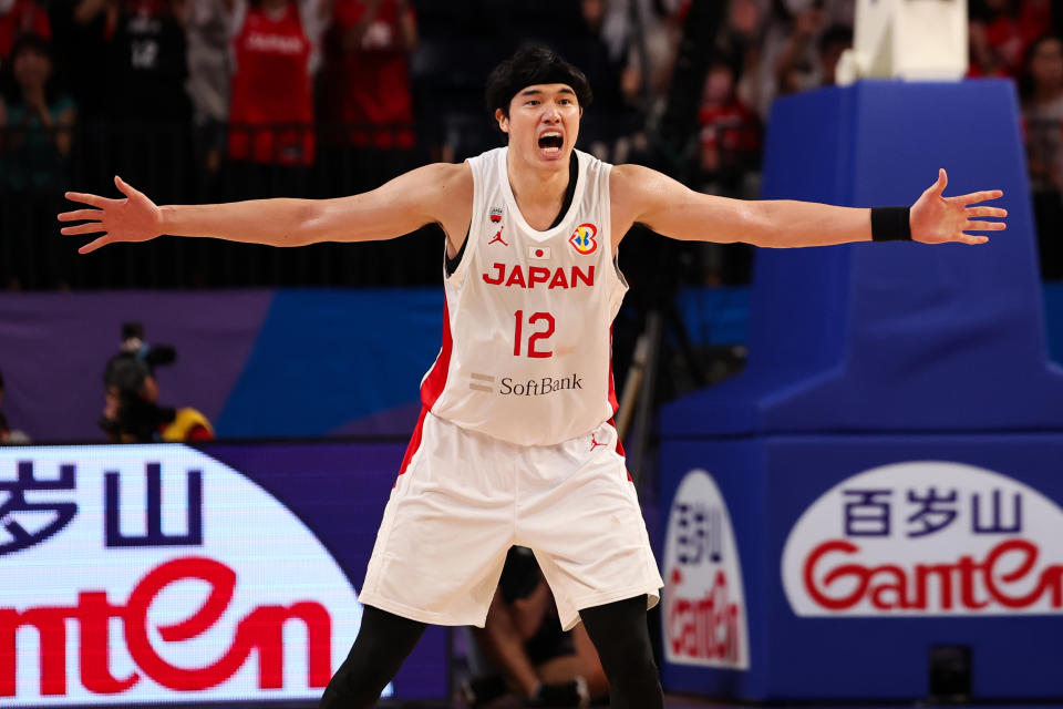 OKINAWA, JAPAN - AUGUST 27: Yuta Watanabe #12 of Japan shouts during the FIBA Basketball World Cup Group E game between Japan and Finland at Okinawa Arena on August 27, 2023 in Okinawa, Japan. (Photo by Takashi Aoyama/Getty Images)