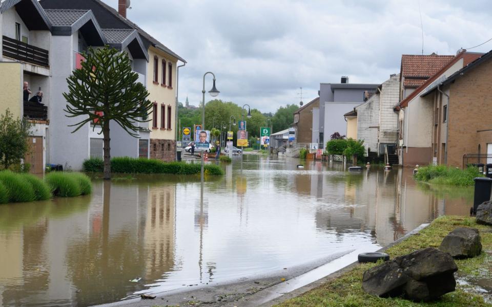 Closed road in the flood-stricken town of Kleinblittersdorf