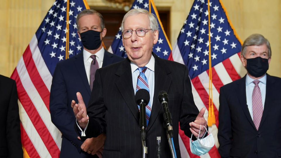 Senate Minority Leader Mitch McConnell speaks to reporters after the Republican weekly policy lunch on Capitol Hill in Washington, U.S., February 23, 2021. (Kevin Lamarque/Reuters)