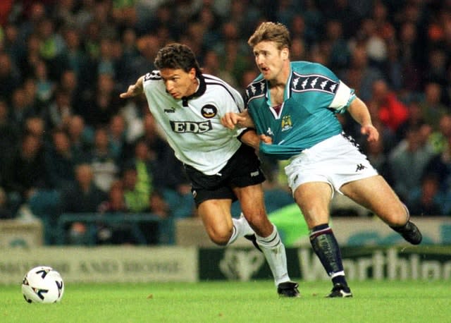 Jamie Pollock, right, scored a sensational own goal playing for Manchester City
