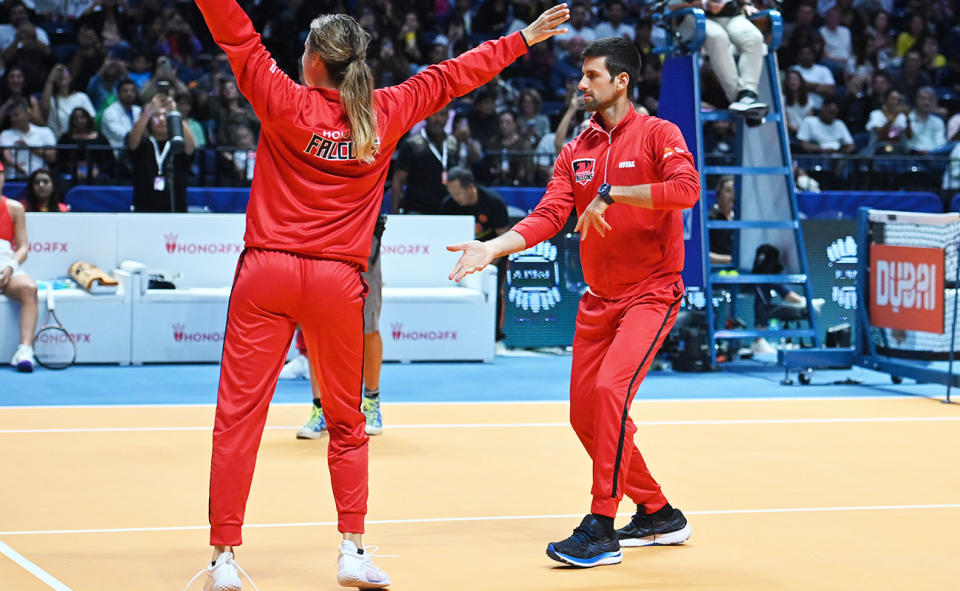 Novak Djokovic, pictured here dancing with Aryna Sabalenka at the World Tennis League exhibition event.