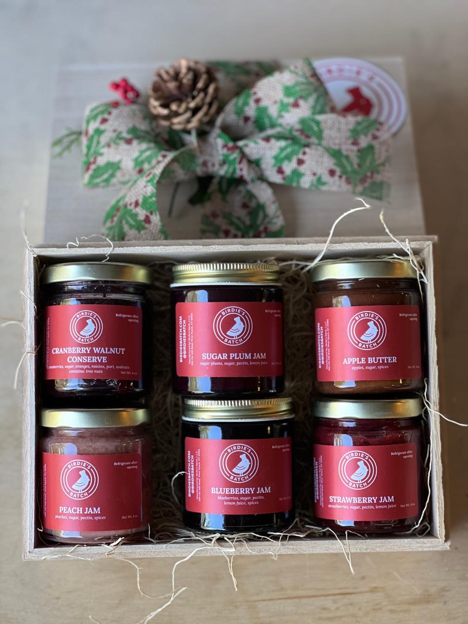 Birdie's Jam Sampler, from Rockland County based mother/daughter bakers Vinnie and Sara Cann, includes six seasonal 4 ounce jams including strawberry, sugar plum, blueberry, cranberry walnut, peach and apple butter.