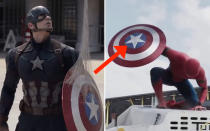 <p>When Spider-Man takes Cap’s shield he uses his web on it, but when he lands on the car the web on the shield is gone. Credit: Disney </p>