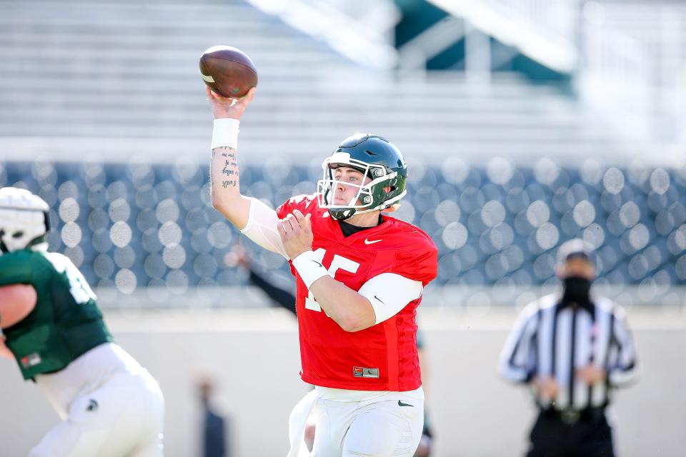 Michigan State graduate transfer quarterback Anthony Russo throws during the Spartans' second spring scrimmage Tuesday, April 13, 2021.