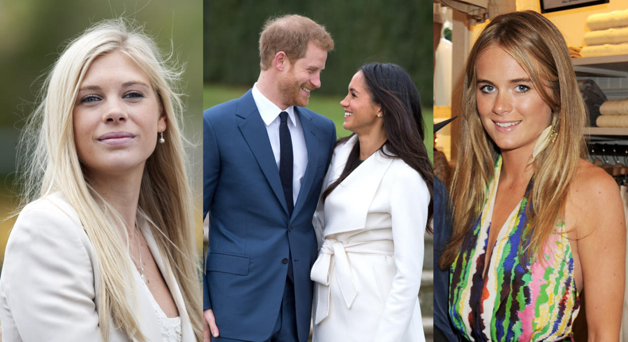 Chelsy Davy, Prince Harry and Meghan Markle, and Cressida Bonas. [Photo: Getty/ Yahoo Style]