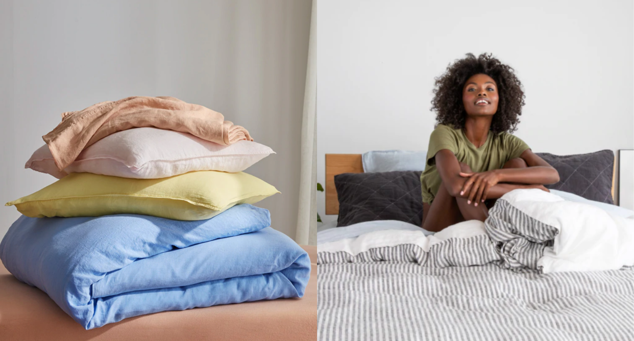 brooklinen set of blue duvet, yellow pillow, pink pillow and woman with afro and green t-shirt sitting on grey and white stripped bedding, brooklinen birthday sale
