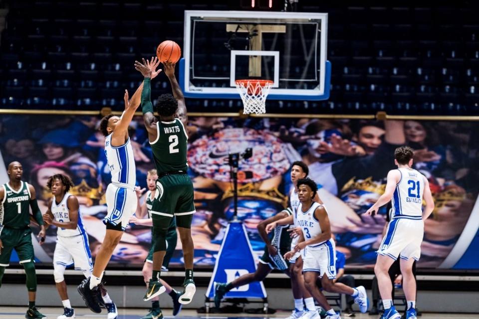 Michigan State's Rocket Watts shoots against Duke during the Champions Classic vs. Duke at Cameron Indoor Stadium in Durham, N.C. on Dec. 1, 2020.