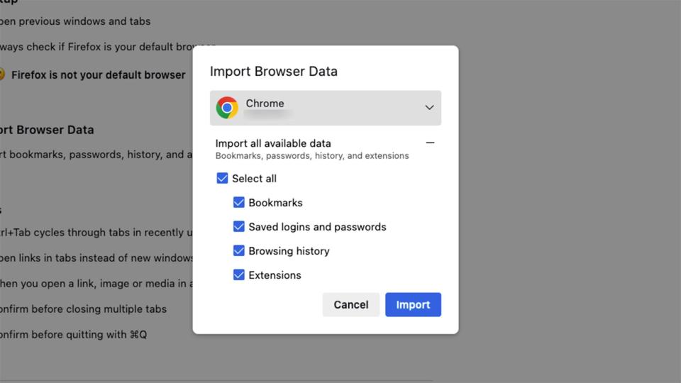 Menu for importing bookmarks and data from Chrome to Firefox