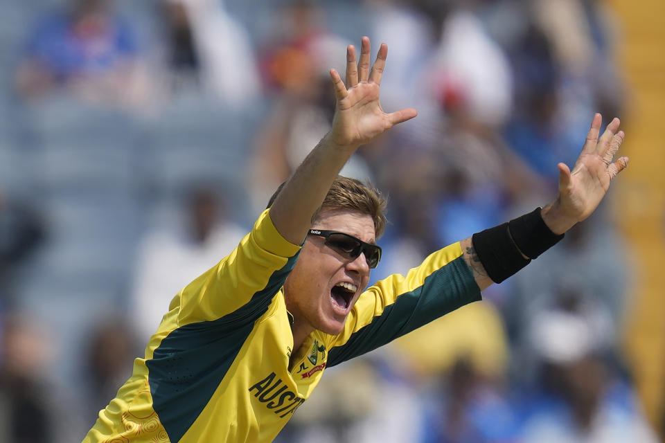 Australia's Adam Zampa unsuccessfully appeals during the ICC Men's Cricket World Cup match between Australia and Bangladesh in Pune, India, Saturday, Nov. 11, 2023. (AP Photo/Rafiq Maqbool)