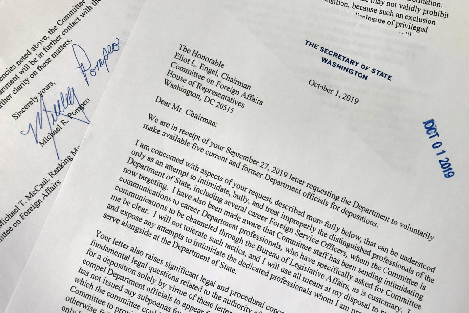 Shown is a letter from Secretary of State Mike Pompeo to Rep. Eliot Engel, D-N.Y., Chairman of the House Foreign Affairs Committee, Tuesday, Oct. 1, 2019 in Washington. (AP Photo/Wayne Partlow)