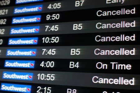 Cancelled flights are displayed on a status board at New York's Laguardia Airport ahead of a powerful approaching winter storm January 22, 2016. REUTERS/Mike Segar