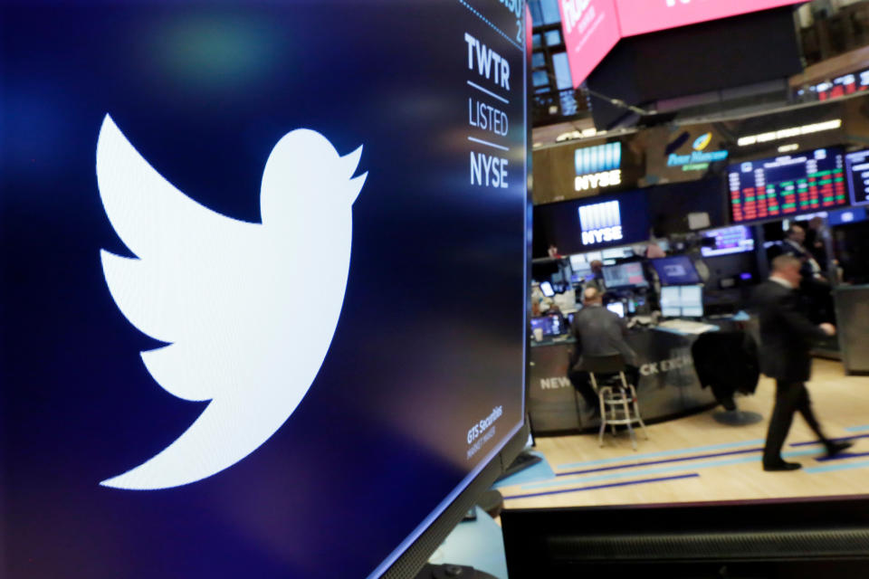 FILE - In this Feb. 8, 2018, file photo, the logo for Twitter is displayed above a trading post on the floor of the New York Stock Exchange. Twitter reports financial results Tuesday, April 23, 2019. (AP Photo/Richard Drew, File)