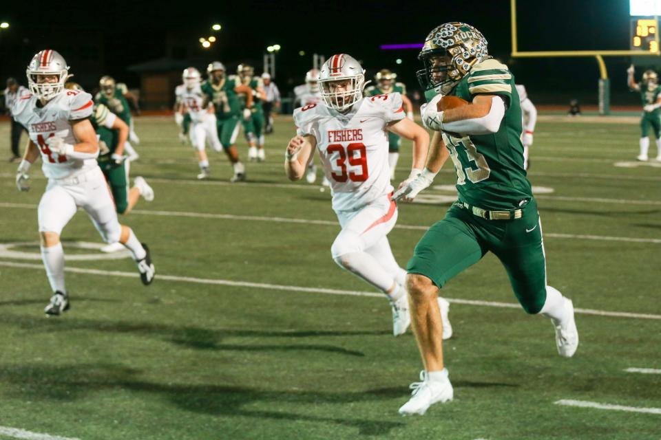 Westfield's Max Nosler (83) finds some running room an takes it into the end zone during Westfield vs Fishers high school IHSAA football, Friday, Oct 6, 2023; Westfield, IN, USA; at Westfield High School.