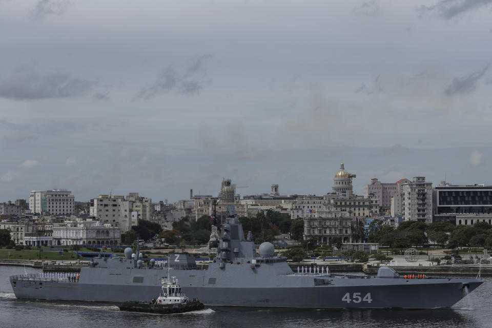 The Russian Navy's Admiral Gorshkov frigate leaves the port of Havana, Cuba, Monday, June 17, 2024. A fleet of Russian warships arrived in Cuban waters last week ahead of planned military exercises in the Caribbean. (AP Photo/Ariel Ley)