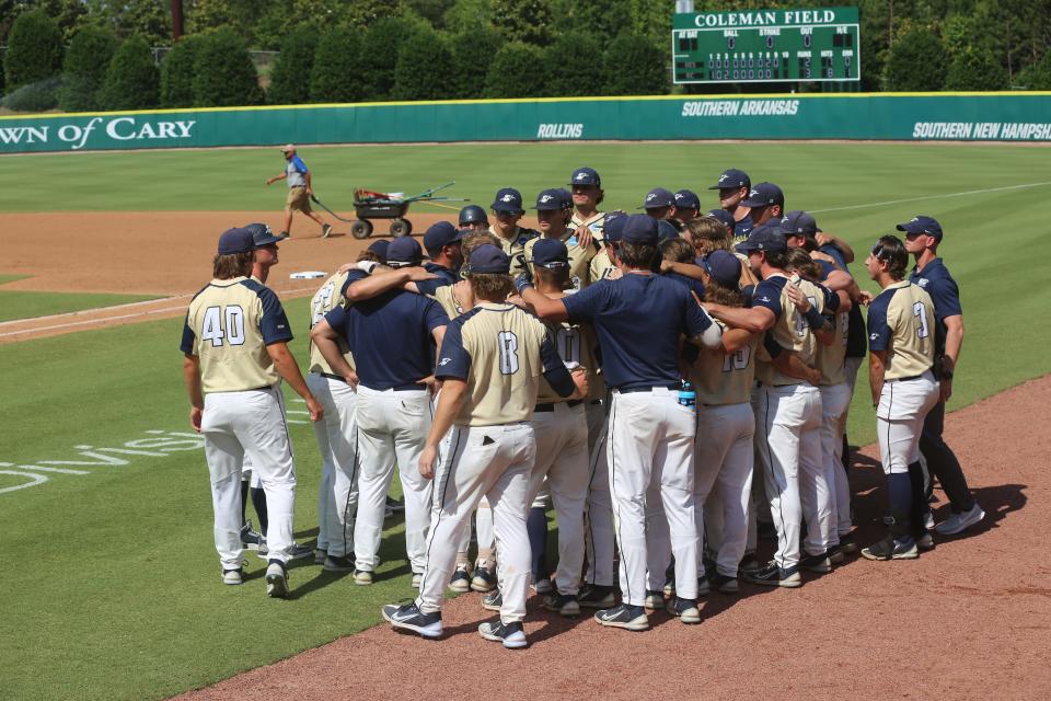 Illinois-Sprignfield baseball coach Ryan Copeland addresses his team after Monday's season-ending loss at the NCAA Division II national championships in Cary, North Carolina.