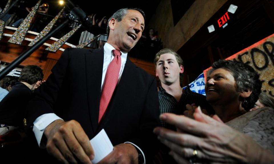 Mark Sanford, left, gives his victory speech after winning back his old congressional seat in the state’s first district on 7 May 2013, in Mt Pleasant, South Carolina.