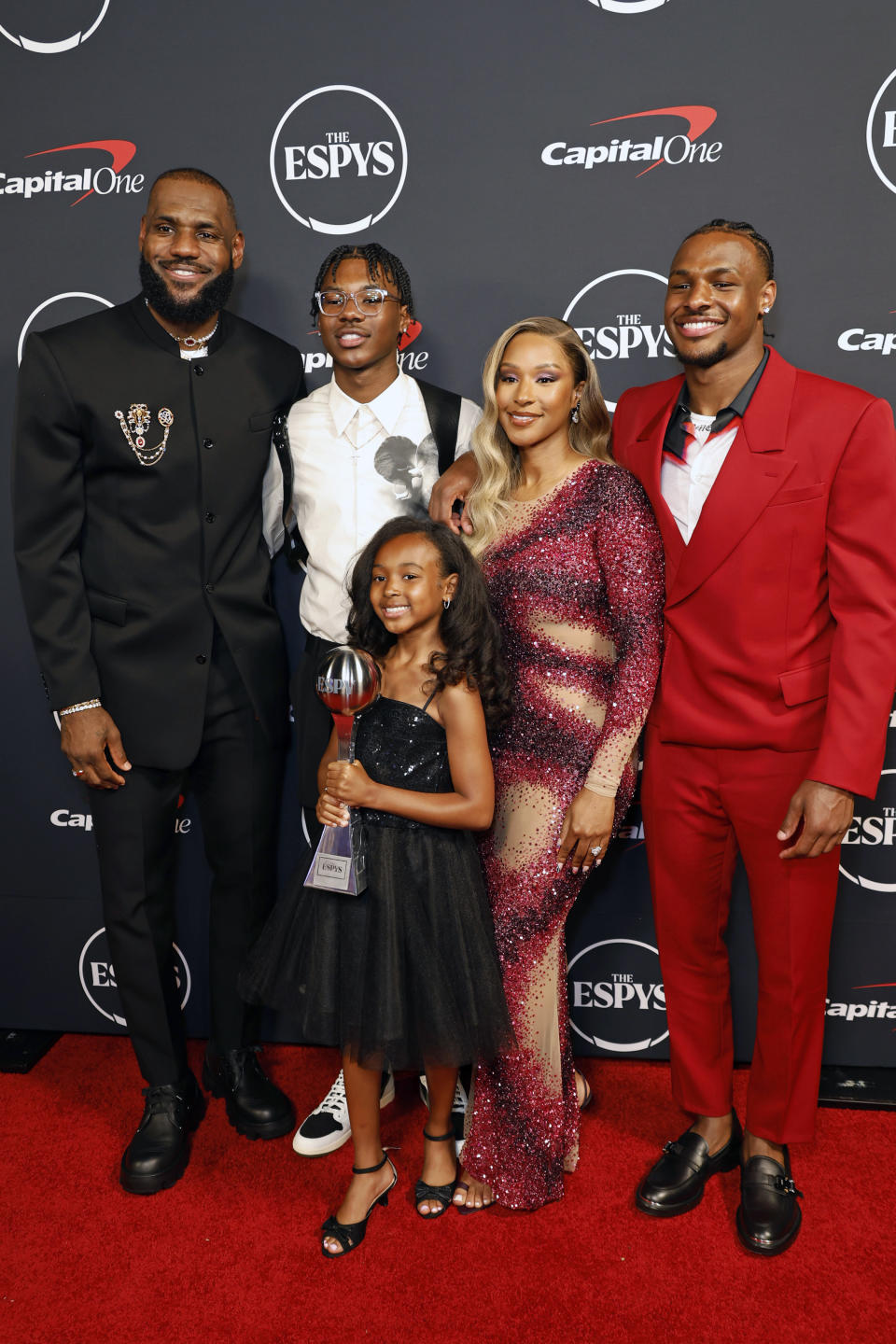 LeBron James, winner of Best Record-Breaking Performance, <span class="caas-xray-inline-tooltip"><span class="caas-xray-inline caas-xray-entity caas-xray-pill rapid-nonanchor-lt" data-entity-id="Bryce_James" data-ylk="cid:Bryce_James;pos:3;elmt:wiki;sec:pill-inline-entity;elm:pill-inline-text;itc:1;cat:Athlete;" tabindex="0" aria-haspopup="dialog"><a href="https://search.yahoo.com/search?p=Bryce%20James" data-i13n="cid:Bryce_James;pos:3;elmt:wiki;sec:pill-inline-entity;elm:pill-inline-text;itc:1;cat:Athlete;" tabindex="-1" data-ylk="slk:Bryce James;cid:Bryce_James;pos:3;elmt:wiki;sec:pill-inline-entity;elm:pill-inline-text;itc:1;cat:Athlete;" class="link ">Bryce James</a></span></span>, Zhuri James, Savannah James, and Bronny James attend The 2023 ESPY Awards at Dolby Theatre on July 12, 2023 in Hollywood, California.