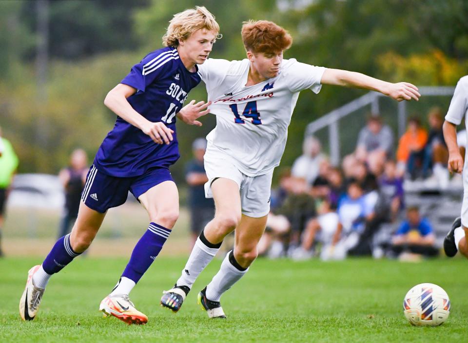 Bloomington South’s Landon Ryner (11) looks to control the ball against Martinsville’s Martin Barco during the IHSAA Boys’ soccer sectional match at Terre Haute South on Wednesday, Oct. 4, 2023.