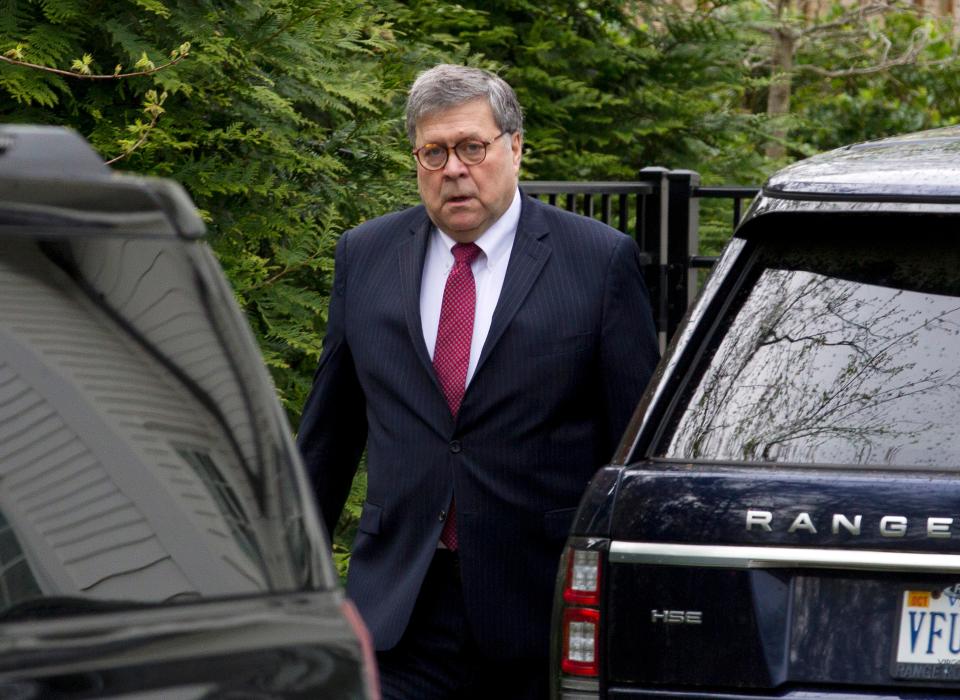 Attorney General William Barr leaves his home in McLean, Va., on Monday, April 15, 2019. Barr told Congress last week he expects to release his redacted version of special counsel Robert Mueller's Trump-Russia investigation report "within a week."