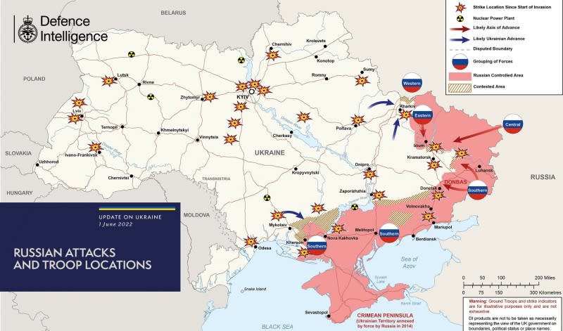 2022年6月1日，烏克蘭戰爭、頓巴斯戰役形勢（UK Defence）