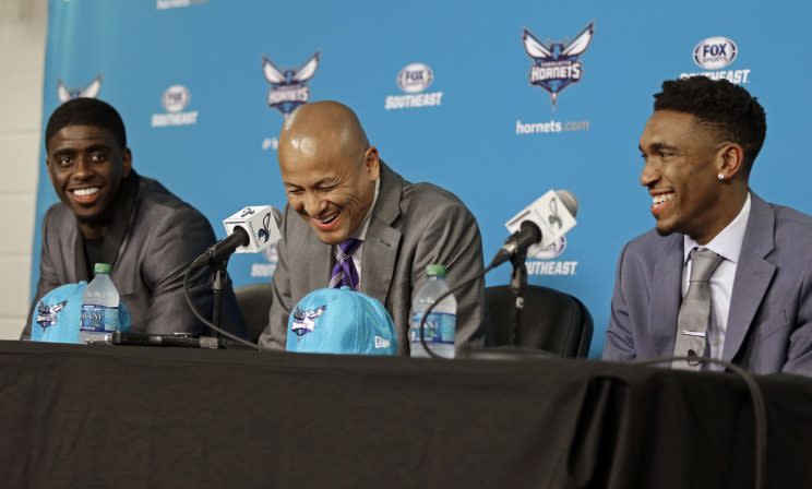 Hornets GM Rich Cho couldn’t help but laugh after introducing Dwayne Bacon as ‘Dwayne Wade.’ (AP)