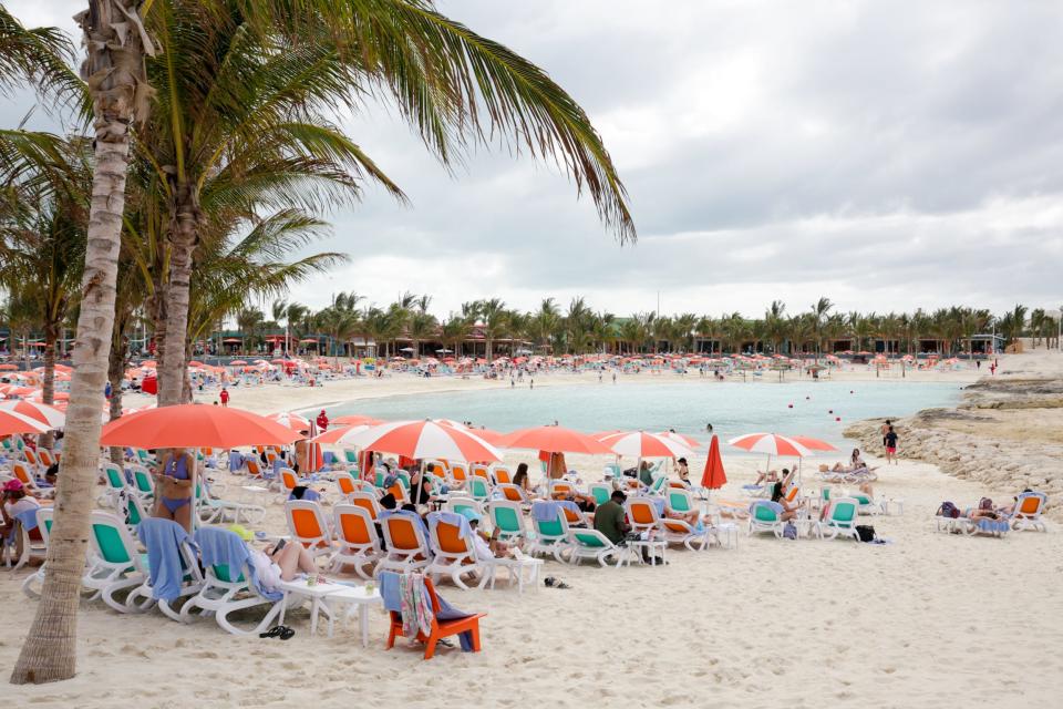 Royal Caribbean Perfect Day at CocoCay's Hideaway Beach's with guests lounging under umbrellas