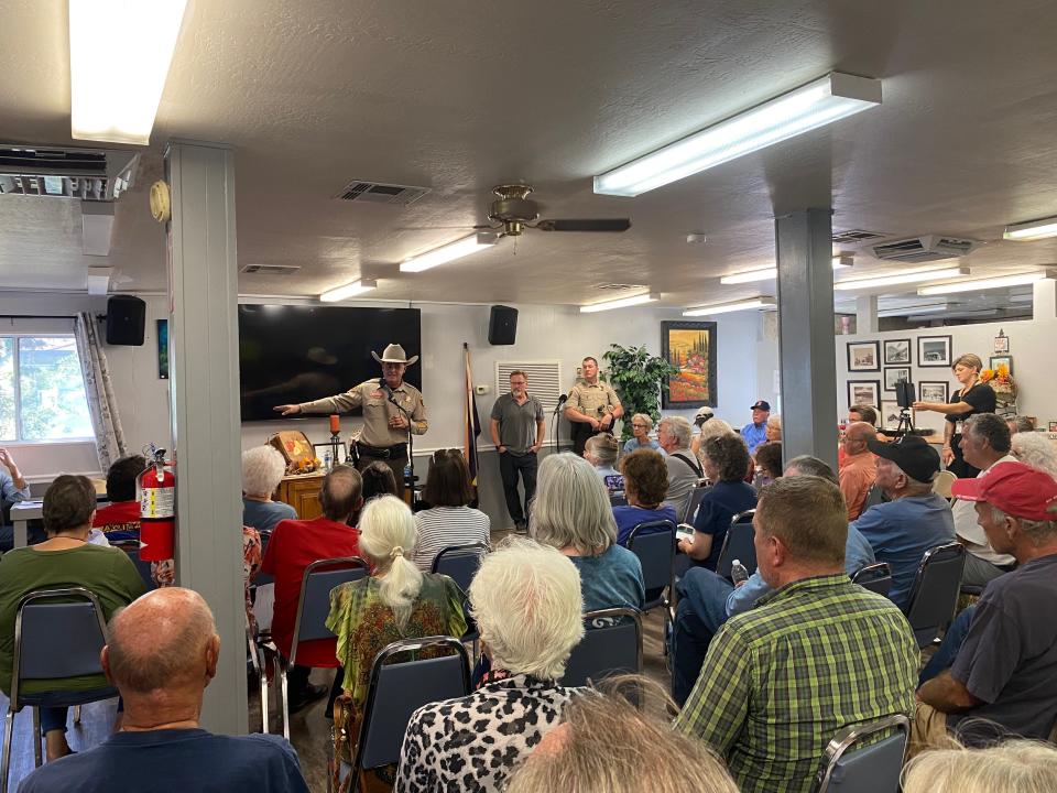 Yavapai County Sheriff David Rhodes addresses community members during a meeting to discuss safety improvements along a stretch of highway that runs through Yarnell on Sept. 1, 2022.