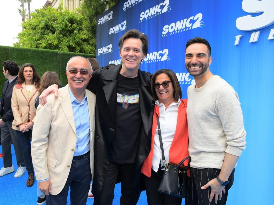 Walid Majdoub, Jim Carrey, Rowaida Majdoub, and Lee Majdoub attend the 'Sonic the Hedgehog 2' Family Day at Paramount Pictures Studios Lot on April 02, 2022 in Los Angeles, California.